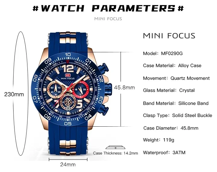 MINI FOCUS MF0290G alloy case and silicone strap detail