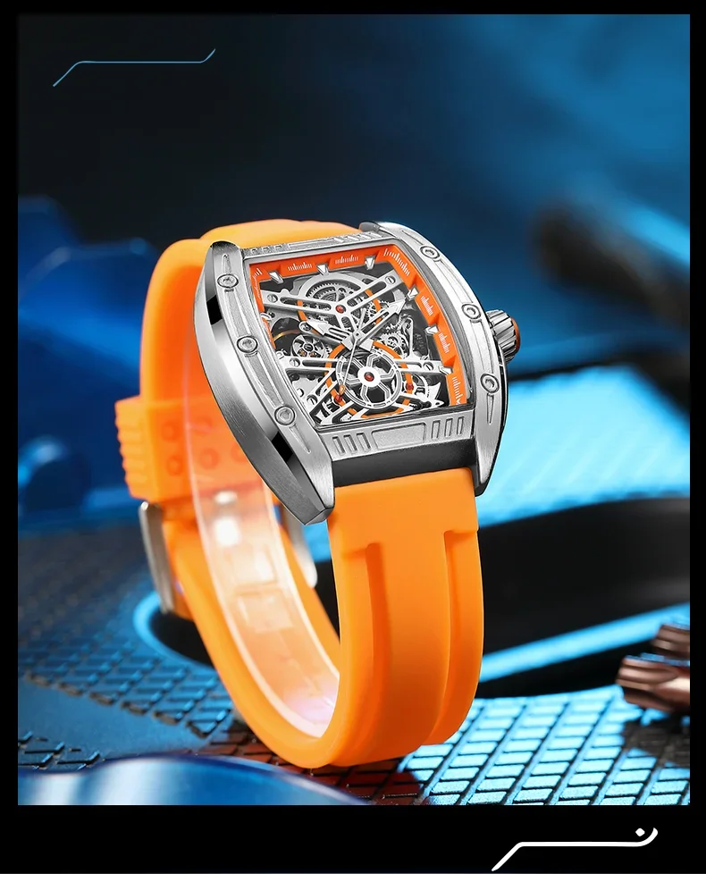 Megir 8601 Square Skeleton Automatic Mechanical Mens Watch Factory Direct