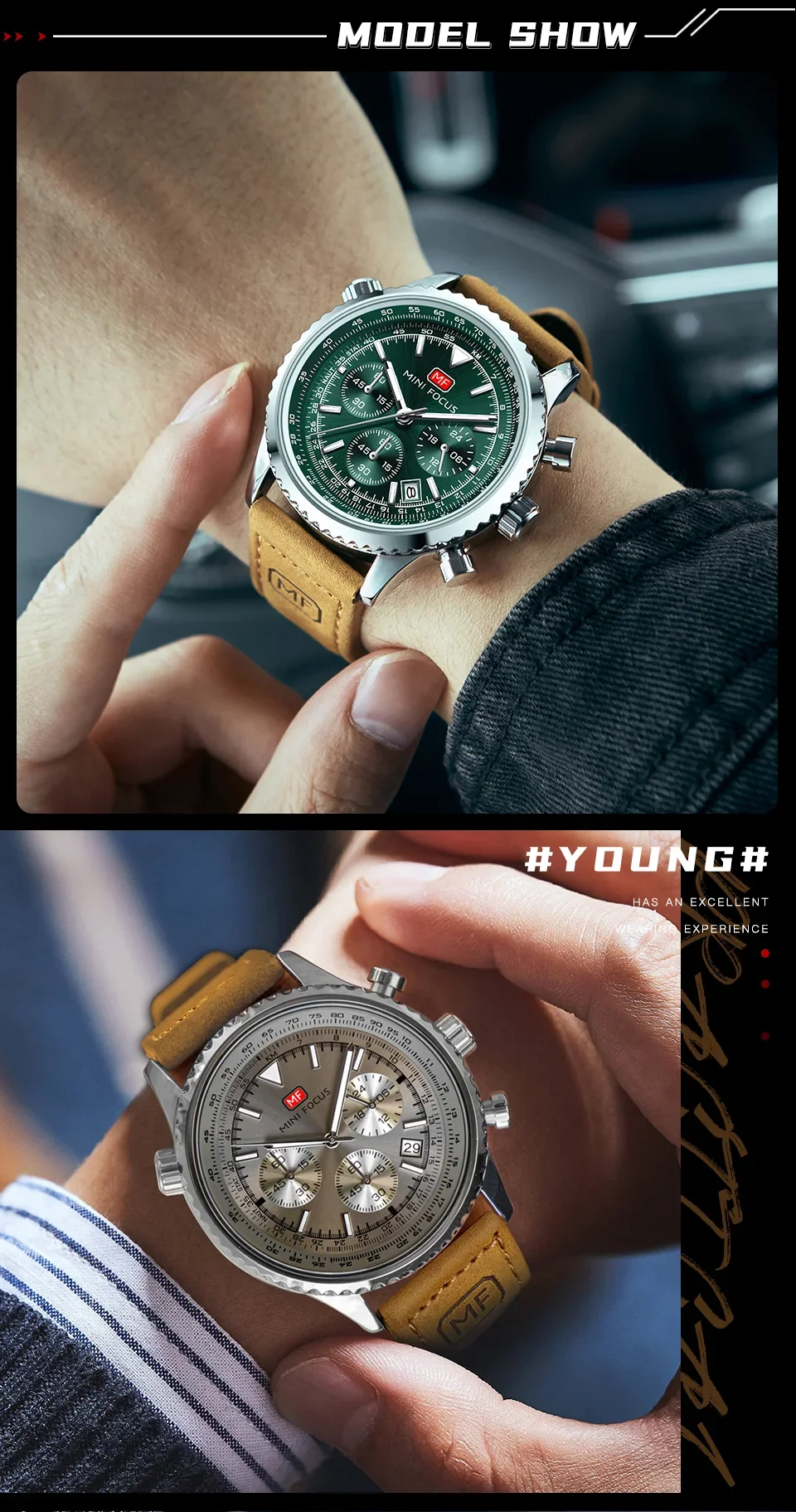 Mini Focus MF0463G Leather Straps Fashion Men Multifunction Chronograph Watches