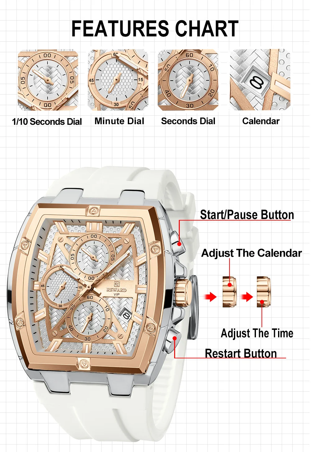 Reward RD832261M Fashion Tonneau Dial Men Watch Silicone Strap Luminous Hands