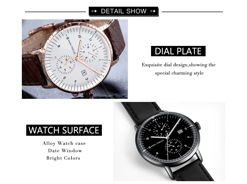 MINI FOCUS MF0052G Curved Glass Leather Quartz Men Watch Wholesale Supplier