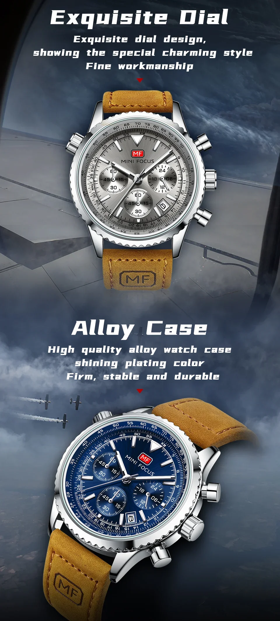 Mini Focus MF0463G Leather Straps Fashion Men Multifunction Chronograph Watches