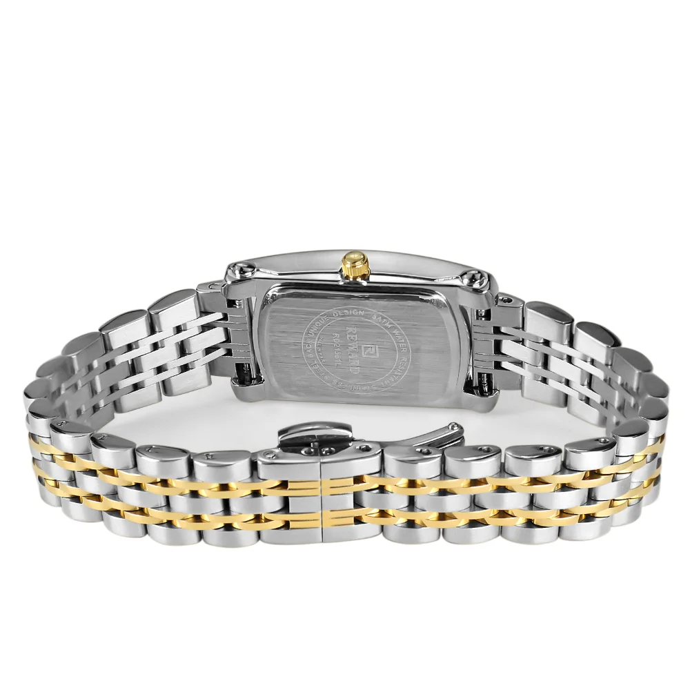 Woman wearing the Reward RD21551L rectangle steel strap watch