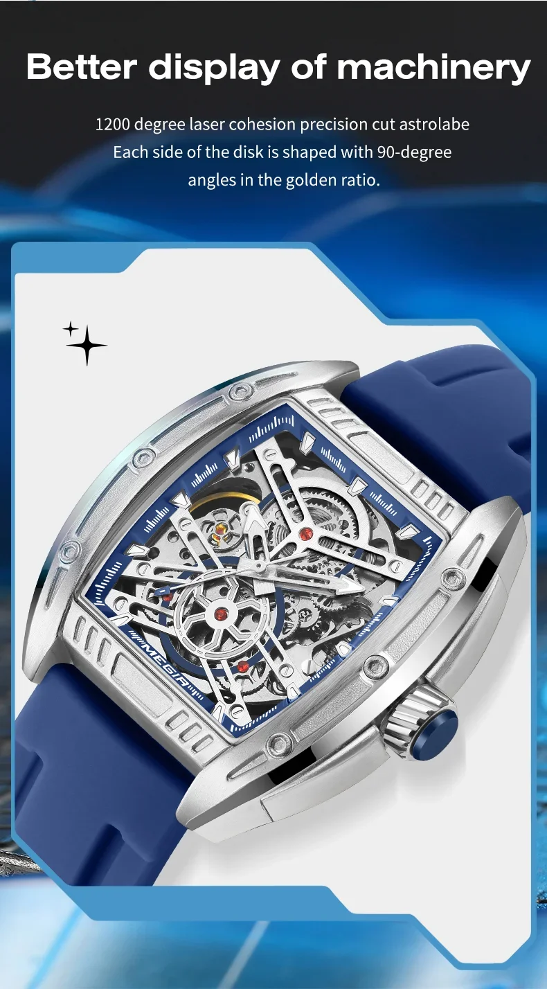 Megir 8601 Square Skeleton Automatic Mechanical Mens Watch Factory Direct