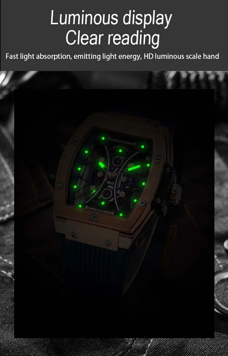 Skeleton case back of Megir 8109 showing quartz movement